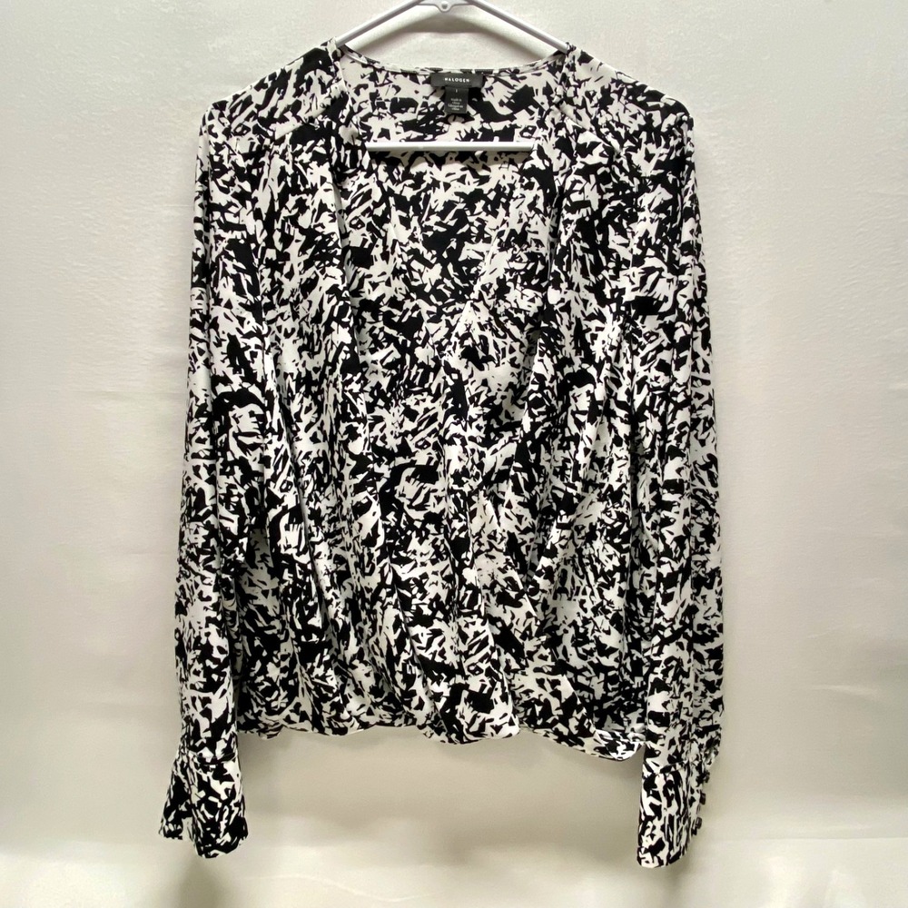Halogen Crossover Blouse Women's Large Black White Abstract Long Sleeve EUC